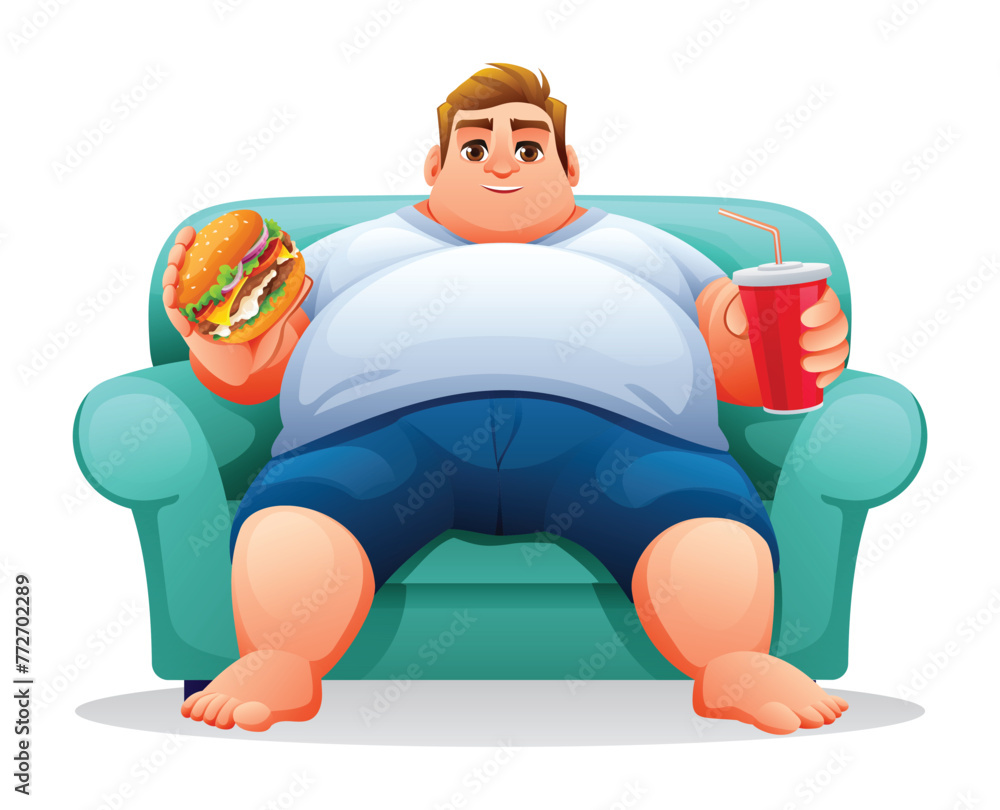 Fat man sitting on the sofa while holding burger and drink. Vector illustration isolated on white background Fat man sitting on the sofa while holding burger and drink. Vector illustration isolated on white background