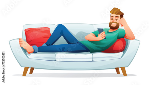 Man lying on the couch while using smartphone. Vector illustration isolated on white background
