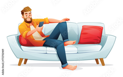 Man sitting on the sofa while using smartphone. Vector illustration isolated on white background