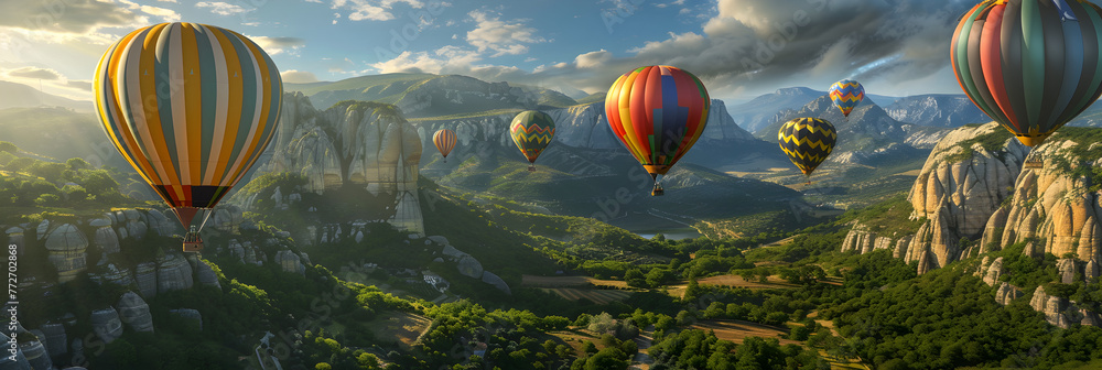 Colorful Flight Hot Air Balloons Against Dramatic Mountain Scenery,Hot air balloon flying over mountain an adventurous landscape generated 
