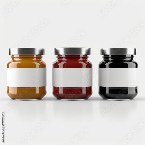 Front view of three glass jars with honey, jam, and spices, each jar having a blank label on a white surface