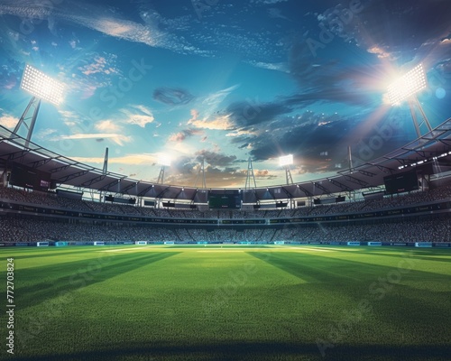 Cricket match in a stadium with LED lighting and rainwater harvesting