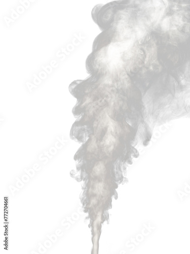 Jet of white smoke rises, streams and forms tubers isolated on a transparent background