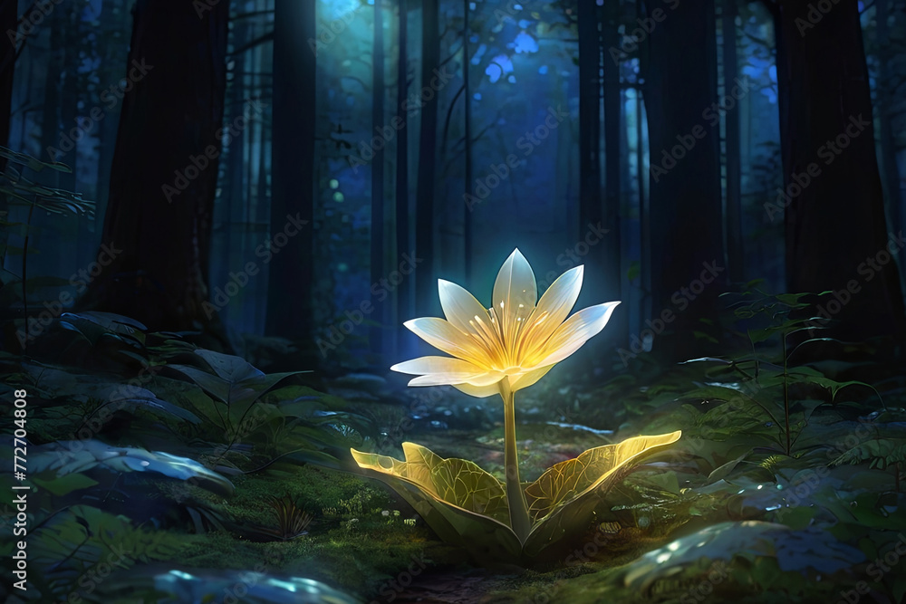 Discover the enchantment of a luminous fantasy flower blooming amidst a mystical forest in this captivating digital art piece