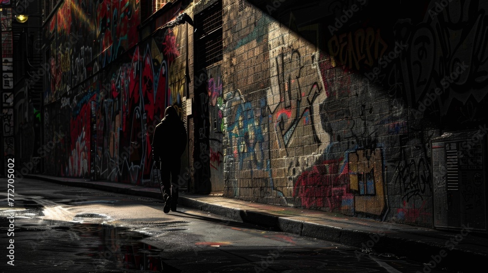A lone figure walks down a dimly lit street their silhouette casting a shadow on the intricate and detailed graffiti that lines the walls. The harsh lighting gives each stroke