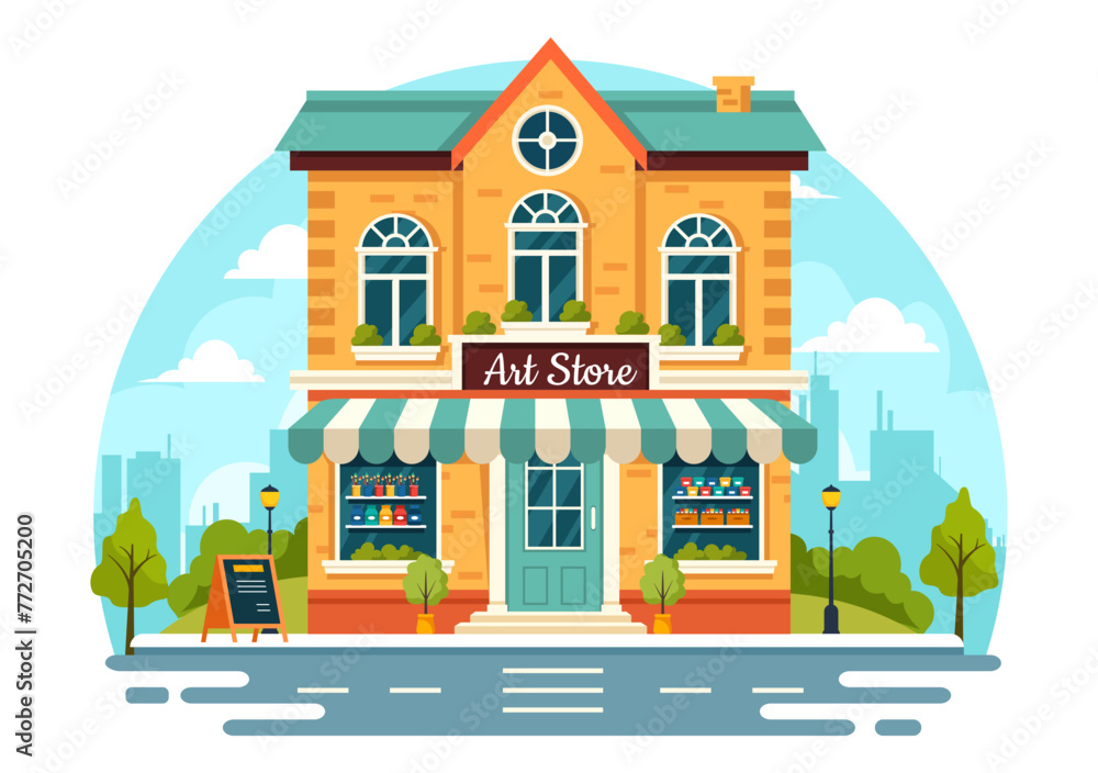 Art Store Vector Illustration with Painting Supplies Store Accessories and Tools for Drawing, Artists and Designers on Flat Cartoon Background