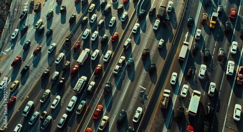 A birds eye perspective of a highway at rush hour with cars stretching out in a neverending flow of traffic. photo