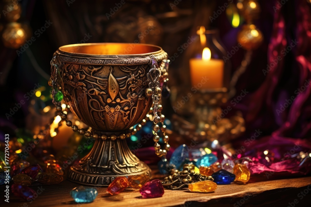 Jeweled pirate goblet on a treasure chest.