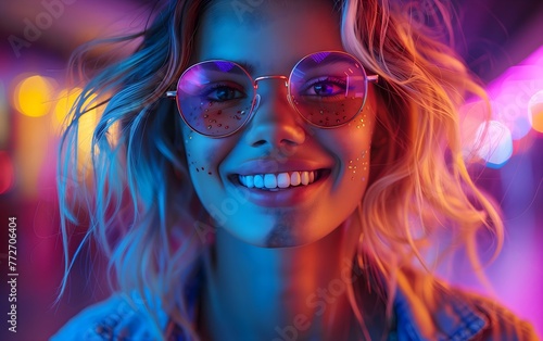 A beautiful smiling  happy playful woman with colorful hair and sunglasses  vibrant colors  colorful background  portrait photography