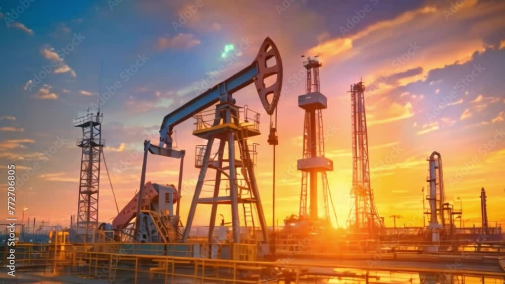 An oil refinery as an industrial estate with sunset lights and Steel pipe factory equipment in the petroleum industry producing upstream oil and gas as a background. An oil refinery as an industrial estate with sunset lights and Steel pipe factory equipment in the petroleum industry producing upstream oil and gas as a background.