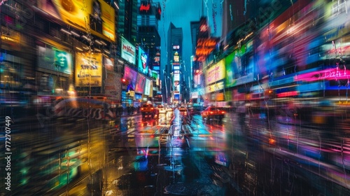 A bustling intersection in the rain blurred by streaks of water on the windshield and colored by the neon glow of street signs and storefronts.