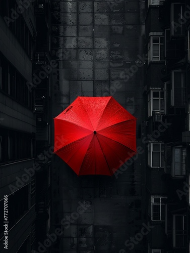 Distinct red umbrella in a sea of black, symbolizing new ideas and special skills, leadership, high contrast , Prime Lenses © Pairat