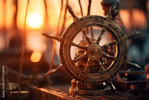 Pirate ship wheel on a treasure chest.