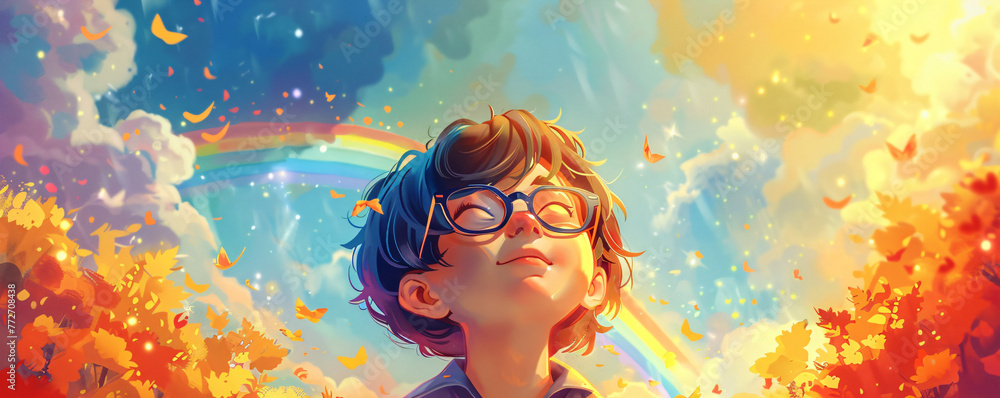 Smiling kid looking at colorful rainbow. Magic beautiful spring or summer day. Autism Awareness Day. LGBTQ family child. Pride day, LGBT family - obrazy, fototapety, plakaty 