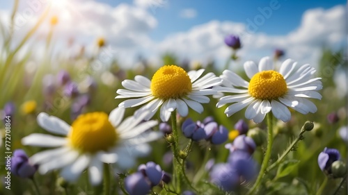 flowers and blue sky Lovely chamomile and blue wild peas in a field  surrounded by clouds in the morning light  close-up macro of a natural scene. large format  ample area for copying. Beautiful  bree