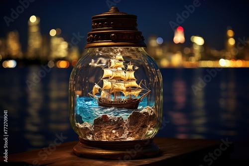 Pirate ship in a bottle placed next to a treasure chest.