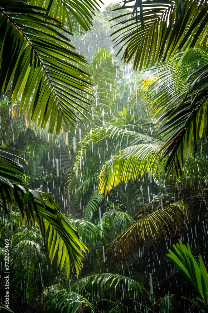 Fototapeta premium Heavy rain in a tropical rainforest