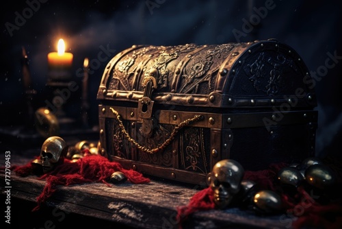 Pirate's cutlass and a pirate flag on a treasure chest. photo