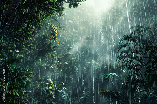 Heavy rain in a tropical rainforest