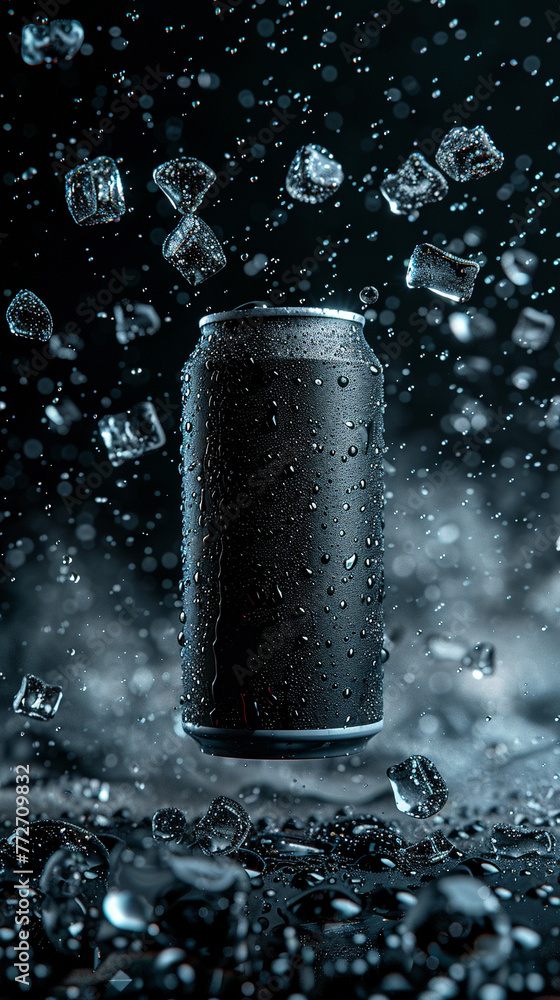A sleek black soft-drink can (330ml) floating and facing the camera surrounded by tiny ice cubes A sleek black soft-drink can (330ml) floating and facing the camera surrounded by tiny ice cubes