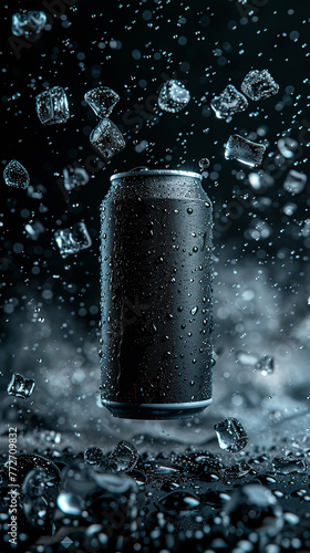 A sleek black soft-drink can (330ml) floating and facing the camera surrounded by tiny ice cubes