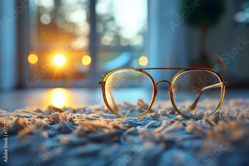 Pair of glasses on rug in front of window at sunset, eyeglasses, indoors, domestic room, background