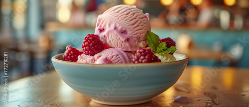 Ice cream in bowl with raspberries, sweet food, fruit, summer, refreshment