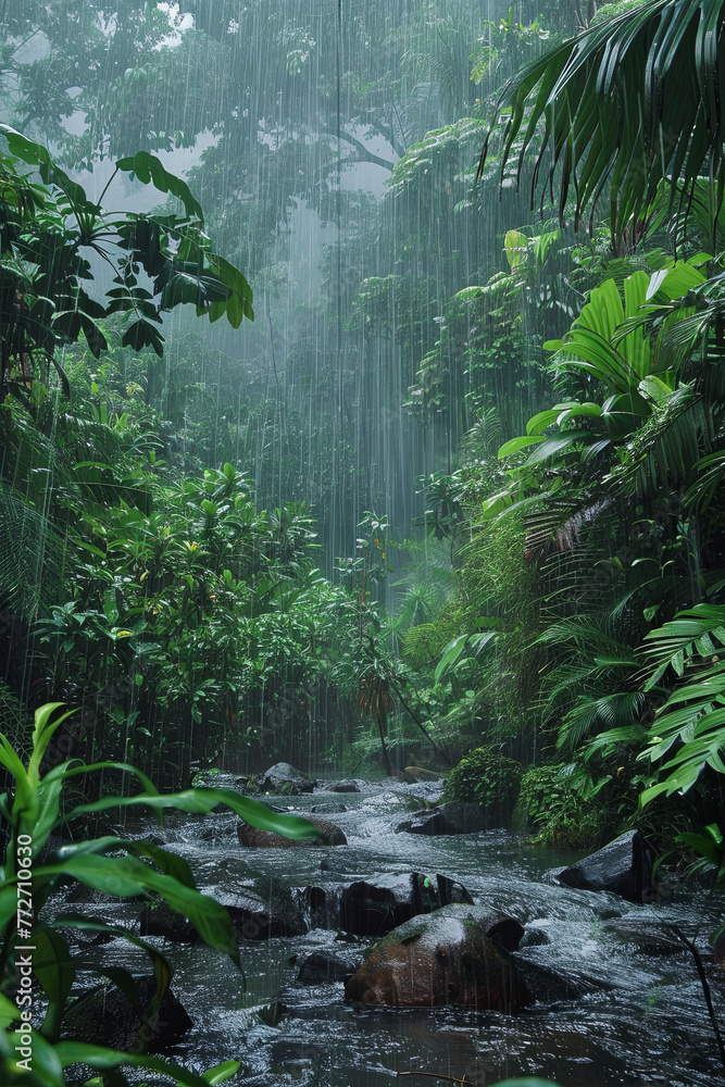 Fototapeta premium Heavy rain in a tropical rainforest
