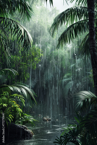 Heavy rain in a tropical rainforest