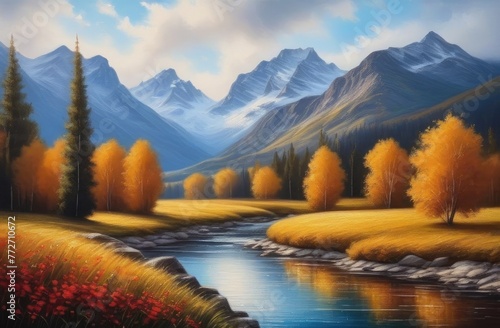 The painting is an autumn landscape, forest,mountains, river.