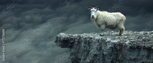 Mountain Goat Stands Guard Atop Cliff, Background Banner HD