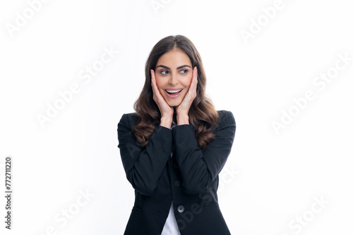 Surprised astonished young business woman in suit. Portrait of excited amazed gasping businesswoman. Expressive facial expressions. Female office worker, success manager.
