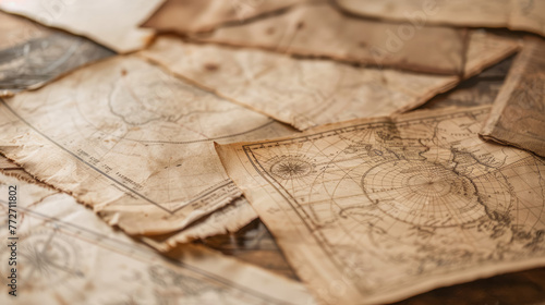 A collection of old-fashioned nautical maps featuring intricate details and a prominent blank label, perfect for historical exploration themes