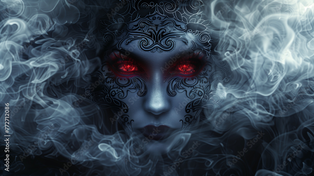 face of female devil and red eyes with smoke - obrazy, fototapety, plakaty 