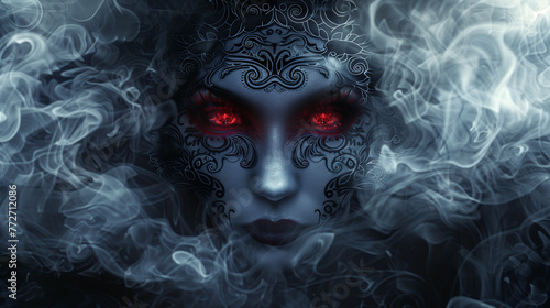 face of female devil and red eyes with smoke photo