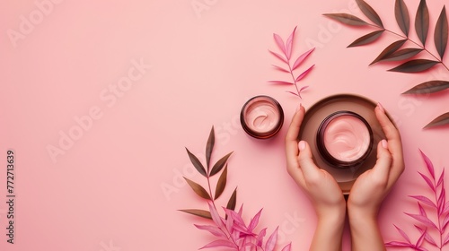 Woman holds a jar of natural cream on a light background. Top view. Side view.