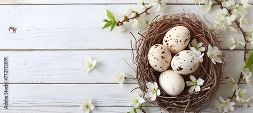 Easter white wooden background, nest with eggs and flowers