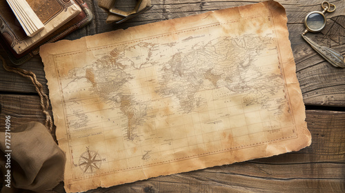 An expansive ancient map unfurled on a wooden table, accompanied by old books and a brass compass, evoking the essence of historical navigation with a blank label photo