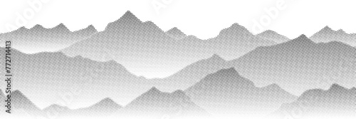 Mountain landscape, seamless border, vector halftone dots background, fading dot effect 