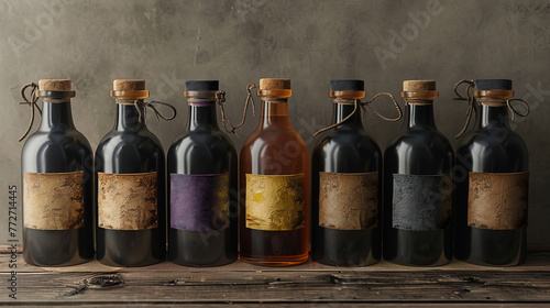 Elegant glass bottles with a variety of blank labels displayed on a rustic shelf, illustrating concepts of branding and customizable packaging