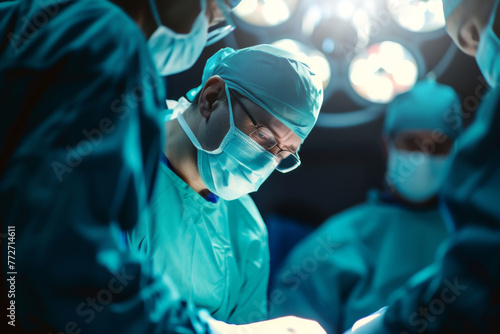 Dedicated surgeon in focus, performing surgery with precision under the bright operating lights