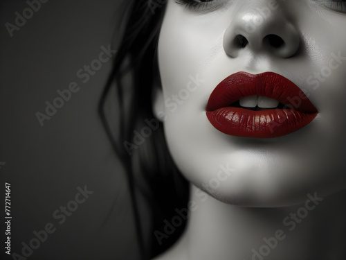 Generative KI rote sinnliche Lippeneiner Frau auf schwarz weiß