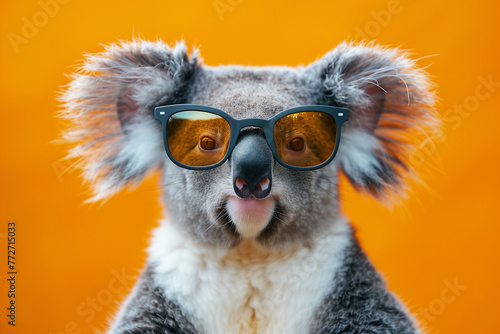 Front view portrait of cute gray koala wearing sunglasses on an orange background. © TATIANA