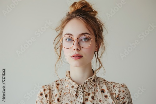 Pretty Young Woman in Vintage-Inspired Blouse and Cat-Eye Glasses photo on white isolated background