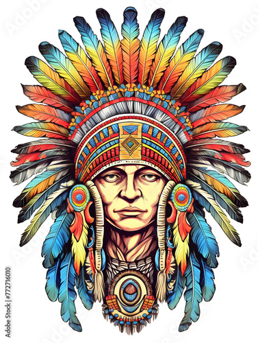 A Warrior man artwork combining different cultures. Headdressed feathers warrior illustration for t-shirt or poster