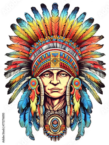 A Warrior man artwork combining different cultures. Headdressed feathers warrior illustration for t-shirt or poster photo