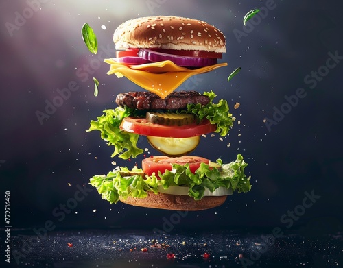 A deconstructed burger with its ingredients floating mid-air, showcasing fresh lettuce, tomato, cheese, triple beef patties, and onion rings