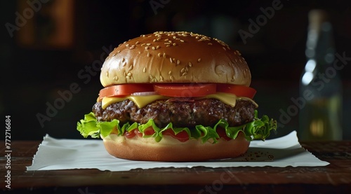 A succulent cheeseburger with fresh lettuce, tomato, melted cheese, and a glossy bun sits temptingly on a dark surface, illuminated by soft light