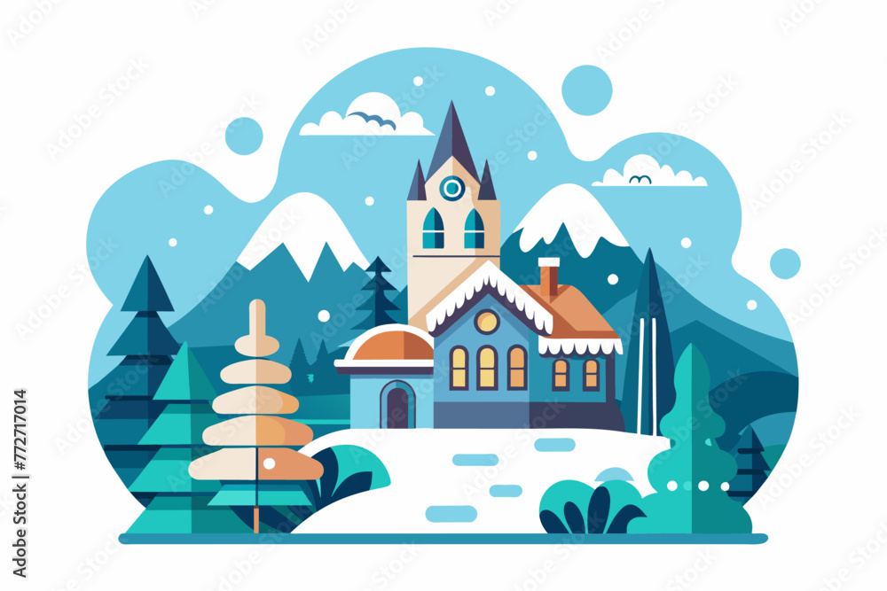 A house at winter season with snow landscape with mountain flat desain vector