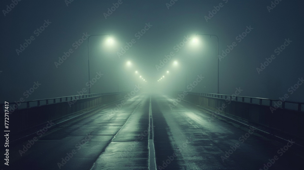 A misty fog envelops a deserted highway creating an ethereal and ghostly ambiance in the dead of night. . . A misty fog envelops a deserted highway creating an ethereal and ghostly ambiance in the dead of night. . .
